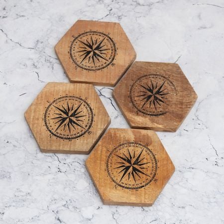 Brown Wooden Coasters Engraved with Compass - Pack of 4